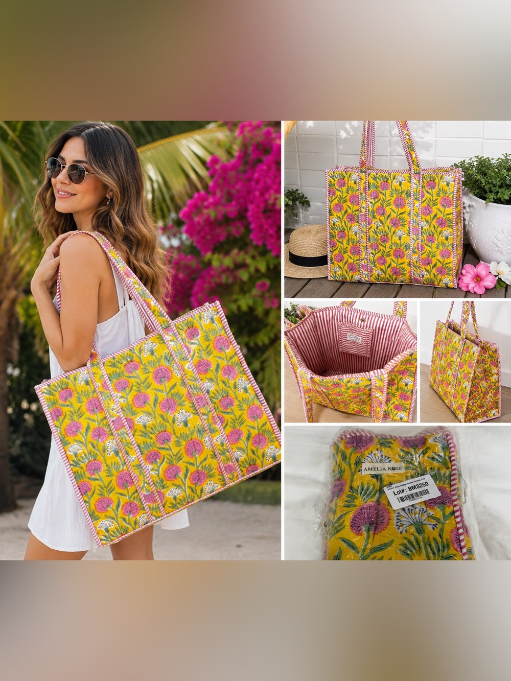 Amelia Rose Design Azalea Quilted Tote Bag Floral NWT Yellow Pink